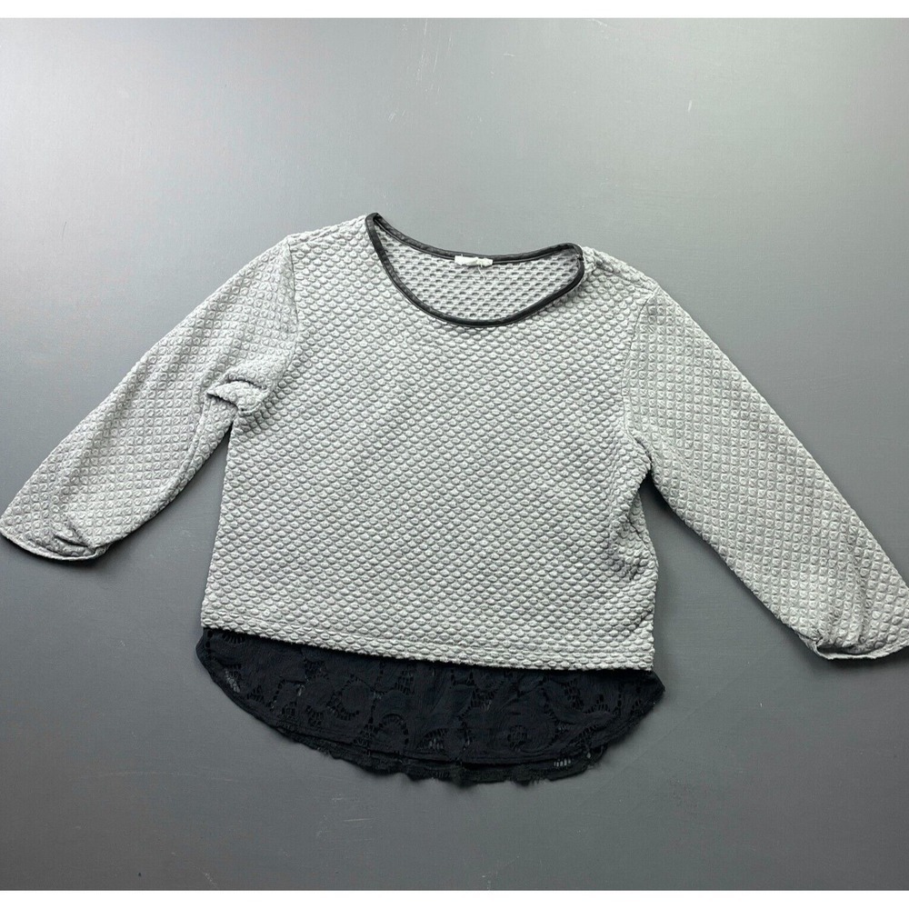 Weston Women's M Gray Textured Lace Hem Boho Long Sleeve Tunic Blouse Top Casual